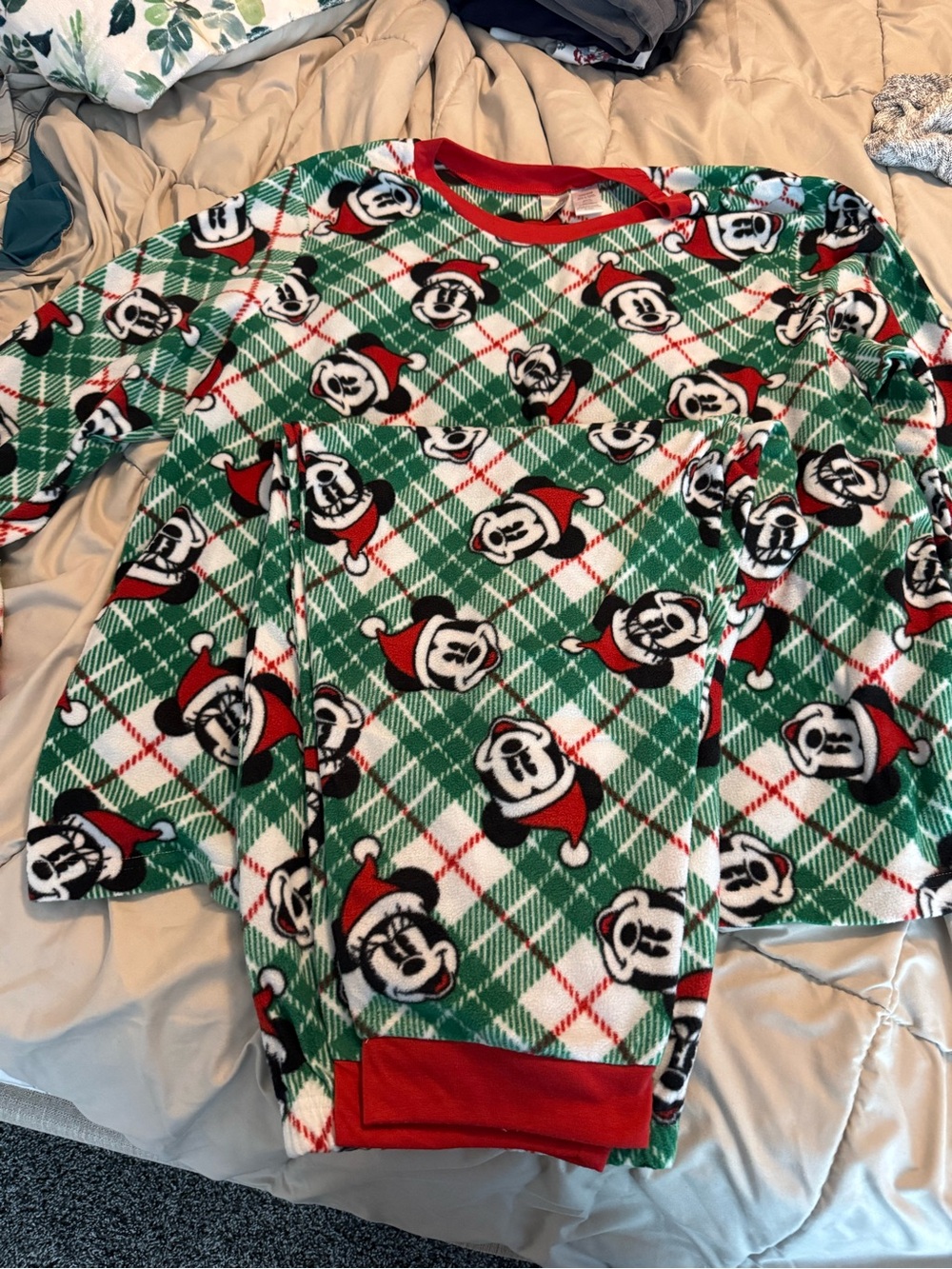 Women’s Disney Green Plaid Mickey Mouse Holiday Pajama Set with Red Trim